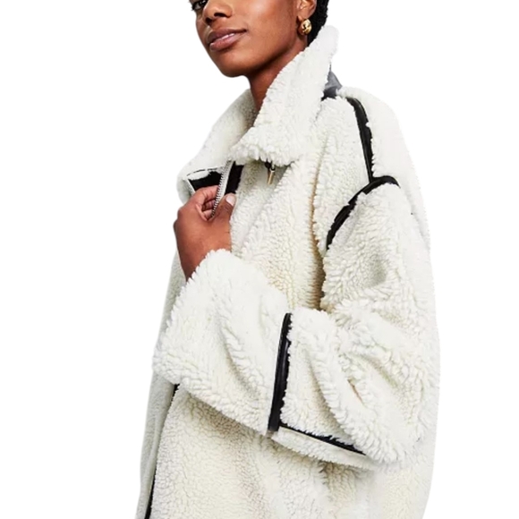 New cream Shearling Bomber Jacket faux Leather Black Trim Sz L - Picture 5 of 12